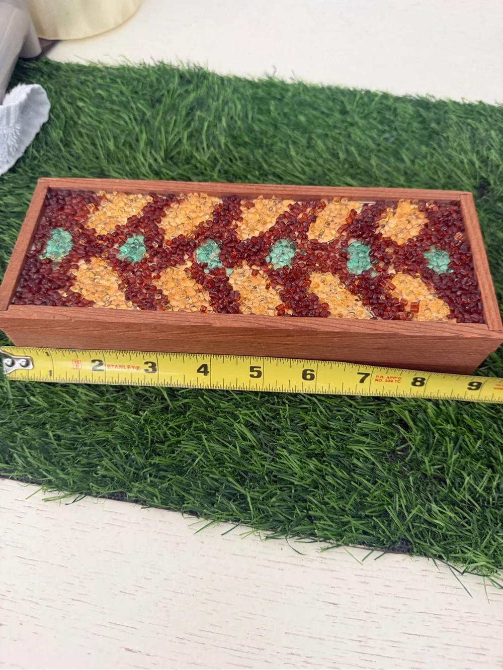 Vintage Beaded Mosaic Wood Trinket Box  in Browns & Turquoise Color